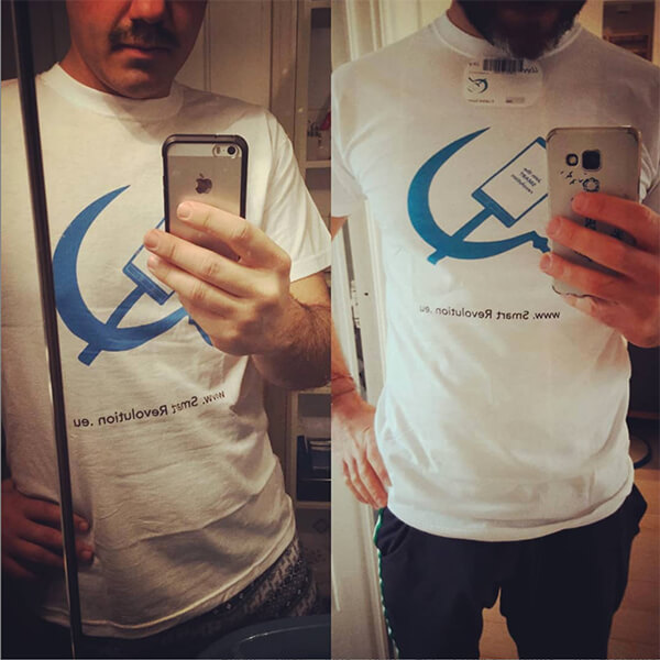 men wearing smart videos' t-shirt